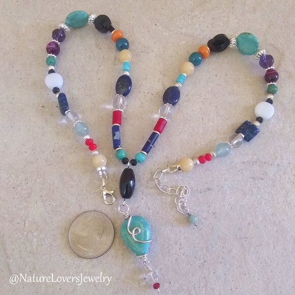 Versatile & Colorful Boho Necklace - Loads of Semi-Precious Stone Beads 18+1.5" - Picture 3 of 11